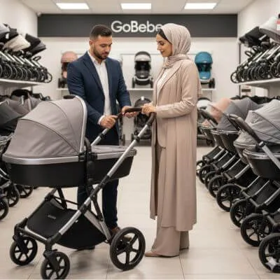 Une maman élégante avec hijab reçoit des conseils personnalisés pour choisir une poussette trio chez GoBebe Maroc.