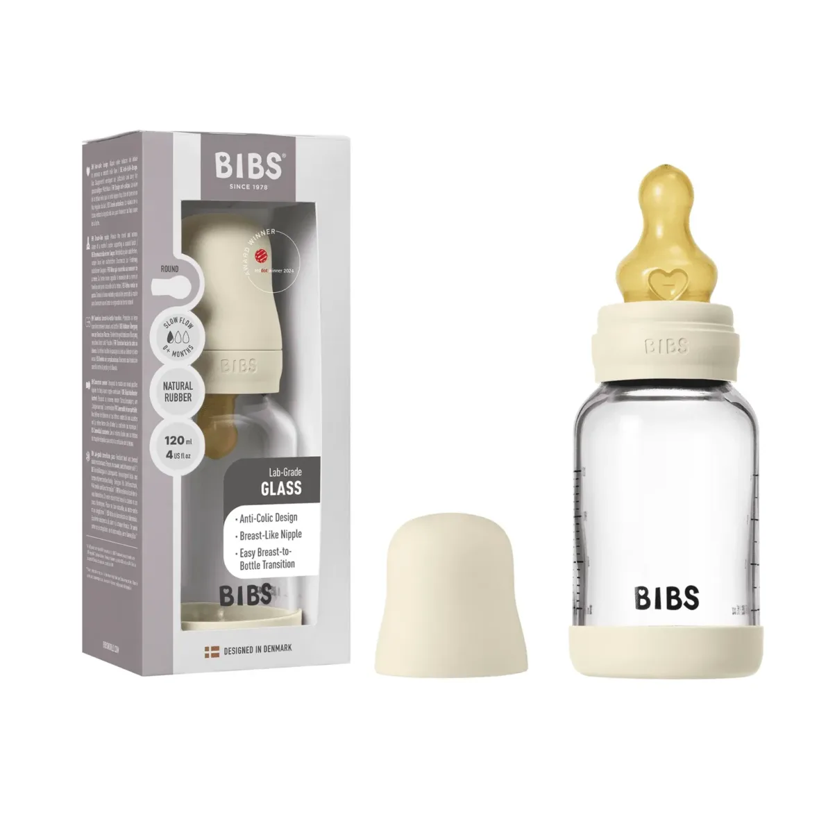 BIBS – Biberon en verre rond latex 120ml Slow Flow – Ivory