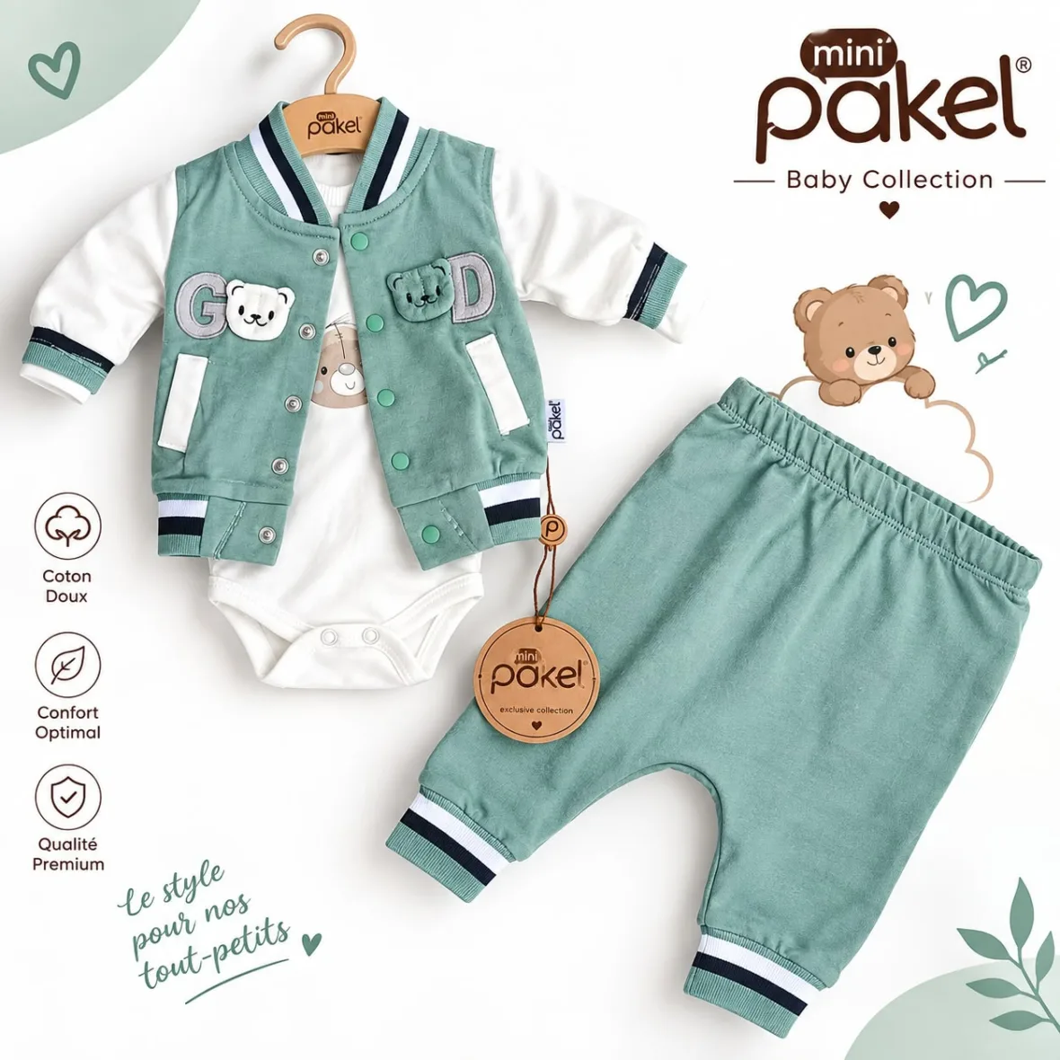 ensemble garçon 3 pièces à manches longues good vert – pakel