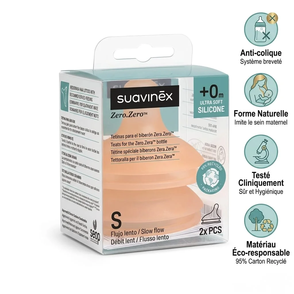 Lot de 2 tétines Zero Zero 0 mois+ Debit Lent (S) – Suavinex