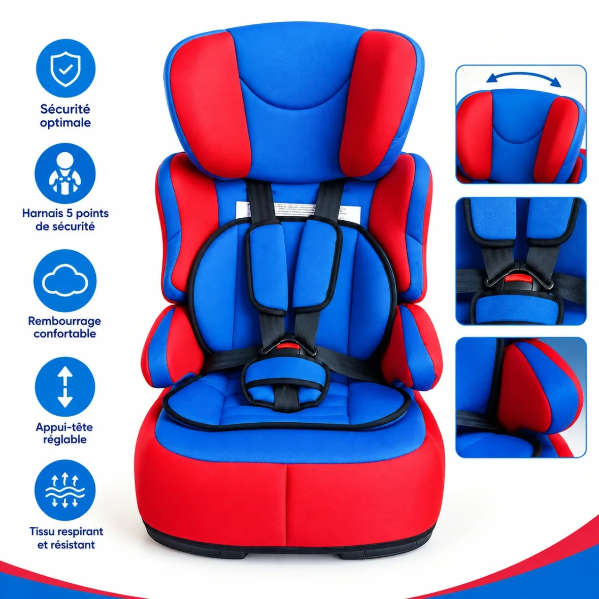 siège auto rehausseur groupe 1-2-3 ,9à36Kg bleu-rouge gobebe