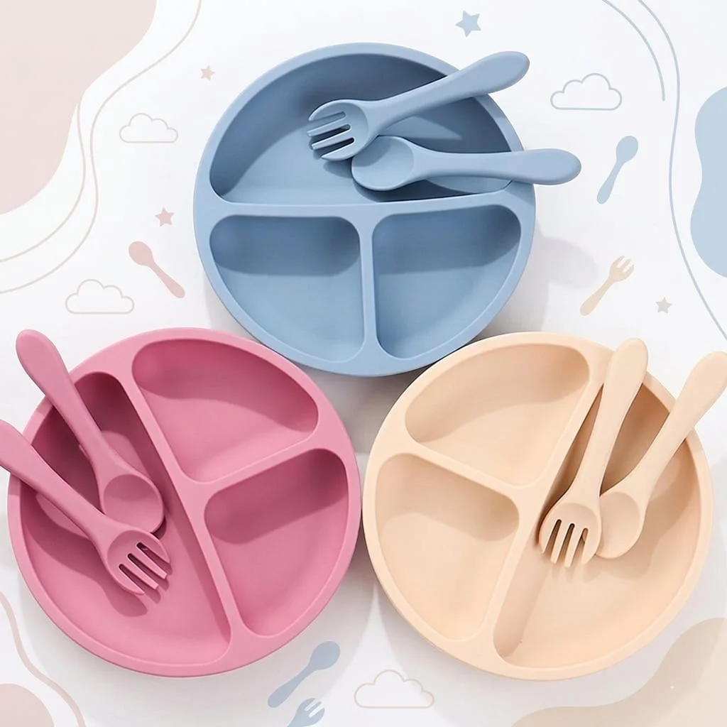 Assiette Bébé Compartimentée en Silicone avec Cuillère et Fourchette