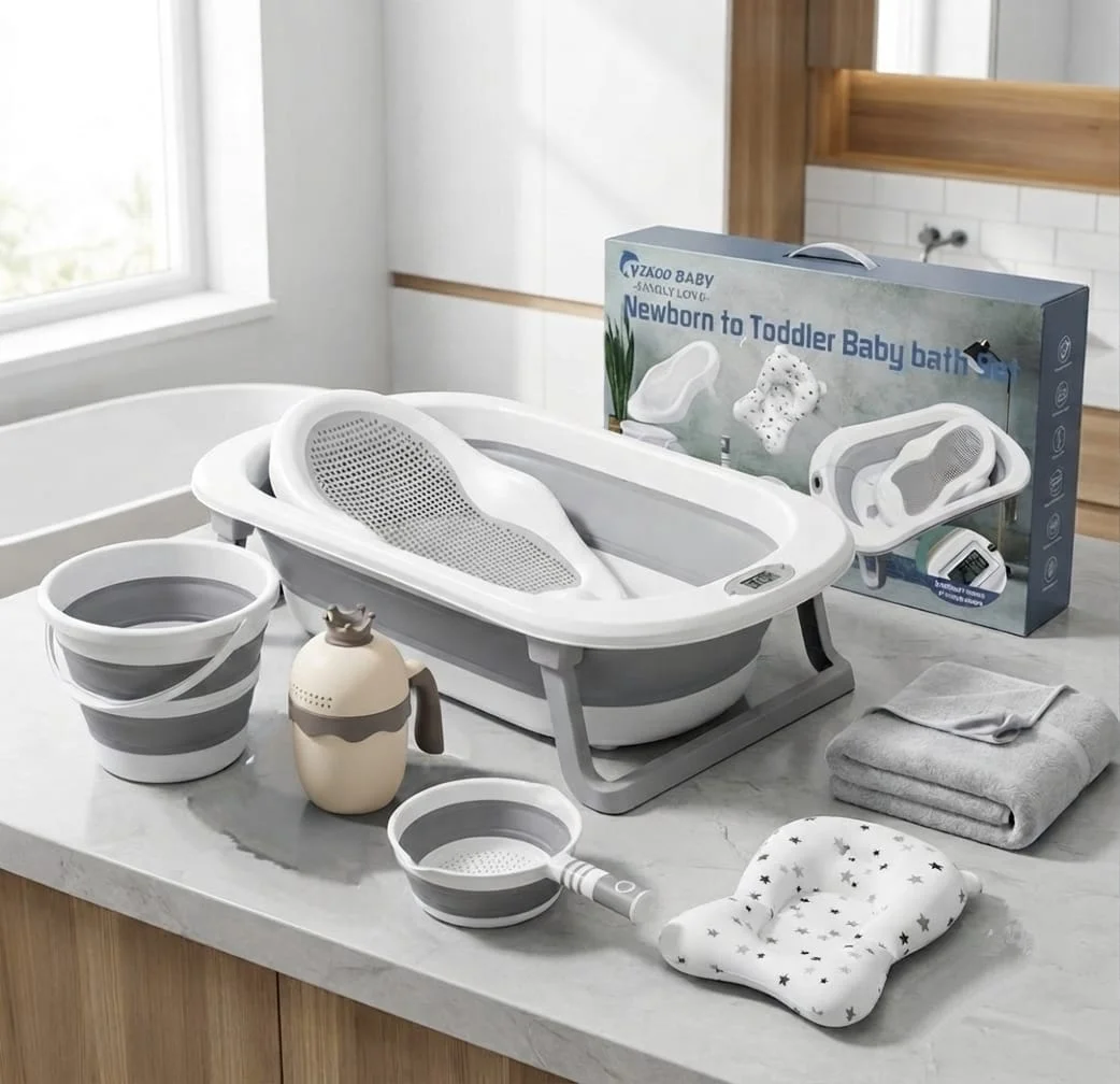 Set baignoire pliable avec thermomètre, transat, coussin et accessoires – Yikoo Baby