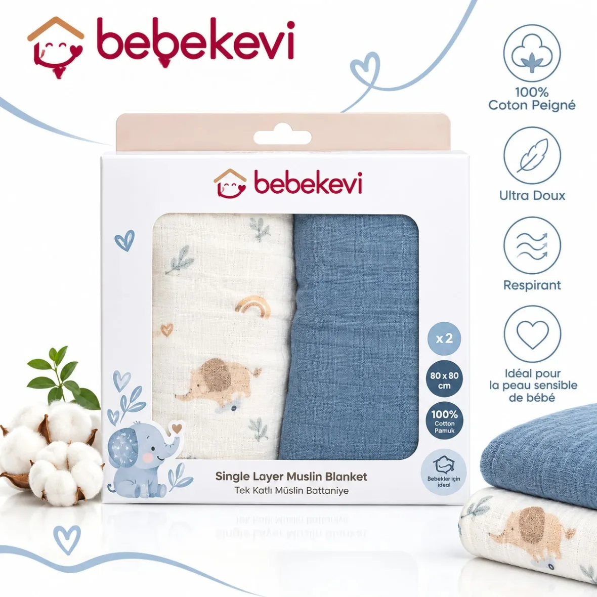 lot de 2 couvertures mousseline 100% coton 80 x 90 cm bleu – bebekevi