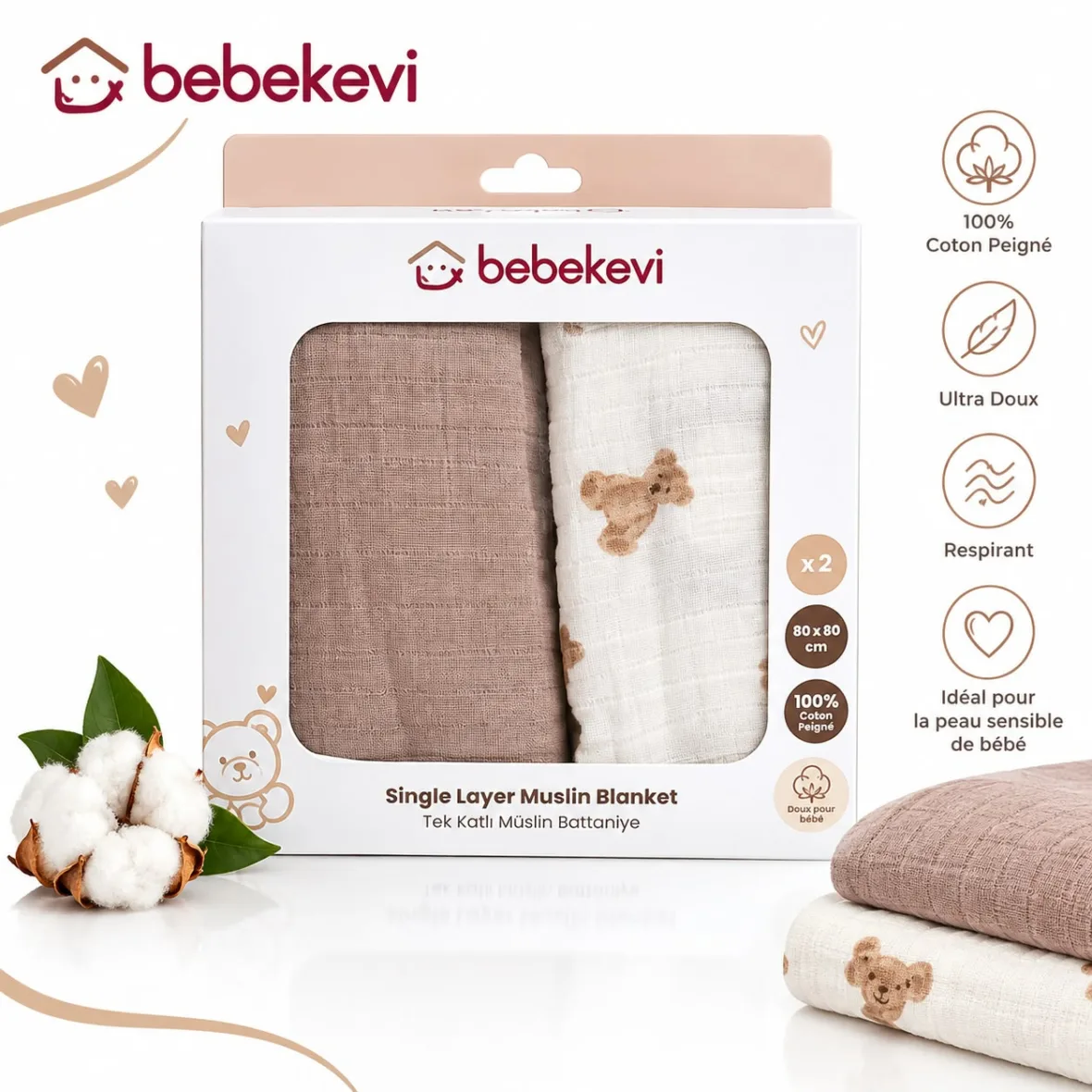 lot de 2 couvertures mousseline 100% coton 80 x 90 cm marron – bebekevi gobebe