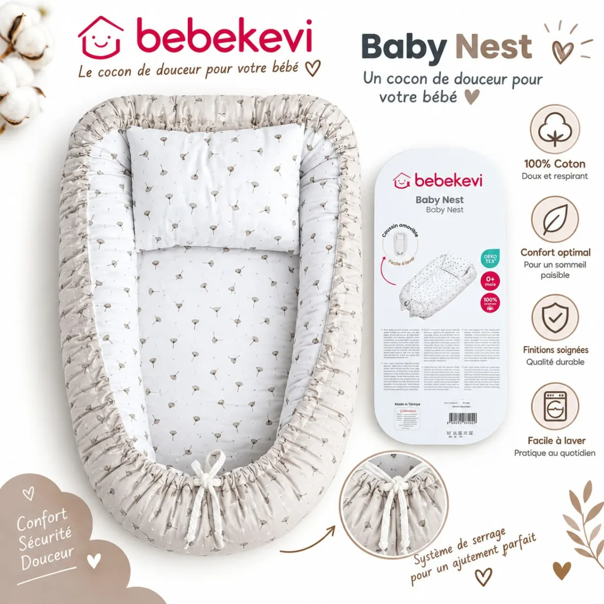 nid bébé réducteur de lit avec oreiller beige bebekevi gobebe1