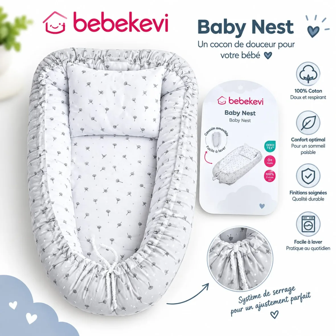 nid bébé réducteur de lit avec oreiller gris – bebekevi gobebe