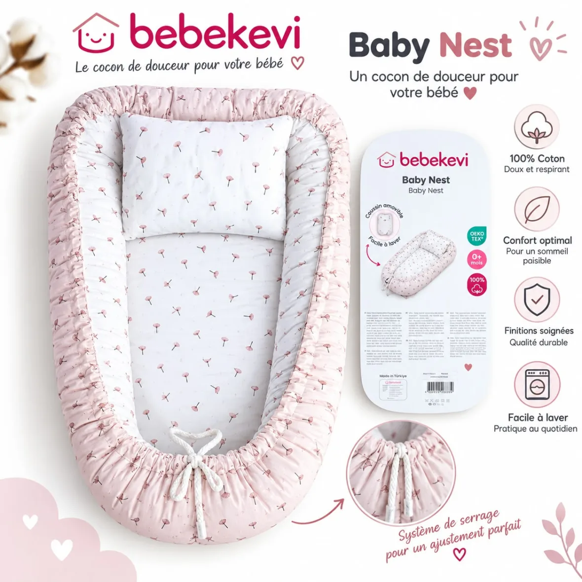 nid bébé réducteur de lit avec oreiller rose – bebekevi gobebe